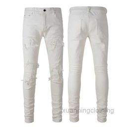 Mens Designer Jeans for Mens Pants Man Black Skinny Rip White Patch Denim Biker Snake Embroider 48OV