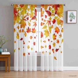 Curtain Autumn Maple Leaves Gradient Sheer Curtains for Living Room Printed Tulle Window Curtain Luxury Home Balcony Decor Drapes R230816