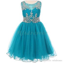 2017 New Teal Tulle Short Girls Pageant Dresses Knee Length Beading Flower Girl Dress Kids Prom Evening Gowns Girls Formal Party D2634