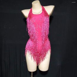 Stage Wear Rose Red Sparkly Rhinestones Fringes Bodysuit Women Sexy Club Outfit Dance Costume One-piece Showgirl Performance Leotard