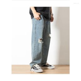 Men's Jeans Spring And Summer Straight Hole Loose Mid Waist Baby Blue American Casual Pants