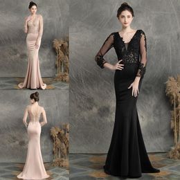 Fashion Champagne Black Evening Mother of the Bride Groom Dresses with 3 4 Long Illusion Lace Sleeves Beaded V neck Mermaid Satin261i