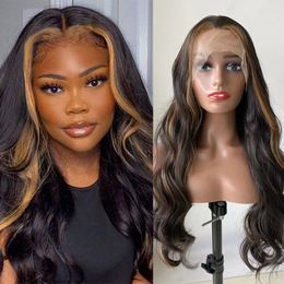 Lace Wigs RONGDUOYI Black Highlight Brown Middle Part Body Wave Synthetic Front Heat Friendly Fiber Hair Daily Use 230815