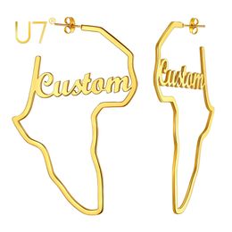 Hoop Huggie U7 Customised Name on Hollow Out Africa Map Fame Earrings for Women Black Gold Colour Stainless Steel Personalised Jewellery 230815