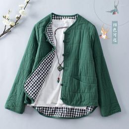 Women's Down Autumn Winter Jackets Cotton Linen Vintage With Padded Long Sleeves Buckle Solid Colour Pocket Keep Warm