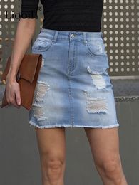 Skirts Cotton Distressed Ripped Sexy Denim Mini Women 2023 Summer Streetwear White High Waisted Hole Skinny Short Jean