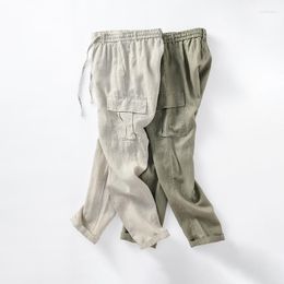 Men's Pants Spring Linen Youth Trousers Daily Outdoor Cargo Multi-Pocket Drawstring Mid-Waist Fashion Casual Loose Simple