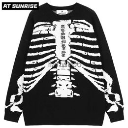 Men's Sweaters Men Hip Hop Streetwear Harajuku Skull Sweater Vintage Retro Embroidered letters skeleton Knitted Sweater winter Cotton Pullover J230806