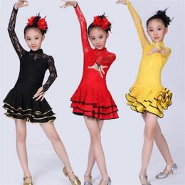 Stage Wear 2022 Lace Est Sexy Ballroom Dresses Tango Salsa Latin Dance Dress Children Red Black For Girls Long Sleeve271x