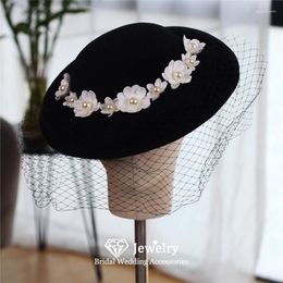 Headpieces CC Velvet Hats Women Accessories Engagement Hair Ornaments Bridal Headwear Wedding Headdress Black Colour Caps With Veils M005