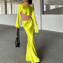 Work Dresses Women Beach Streetwear Summer Outfits Solid Color Off One Shoulder Long Sleeve Shirt Crop Tops And Wrapped Skirt Set Yellow