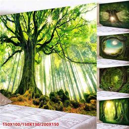 Tapestries Sunshine Trees Misty Forest Tapestry Landscape Wall Hanging for Ceiling Hanging Room Decor Home Decoration Accessories R230816