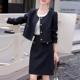 Two Piece Dress Elegant 2 Set Women Long Sleeve Crop Tops Casual Black Mini Skirt 2023 Autumn Slim Retro Office Lady Korean Suits