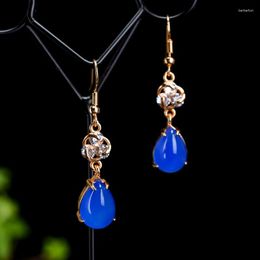 Dangle Earrings Natural Blue Jade Chalcedony Hand Carved Water Drop Fashion Boutique Jewellery Men's And Women's Agate Gift