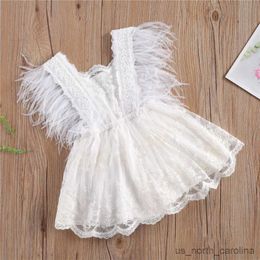 Girl's Dresses Baby Girl Romper Mesh Dress Feather Fly Sleeve Flouncing Hem Floral Embroidery Layered R230816