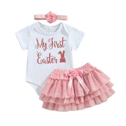 Clothing Sets Baby Girls Clothes Suit Short Sleeve Round Neck Romper Floral Mesh Half Dress Headband Outfit