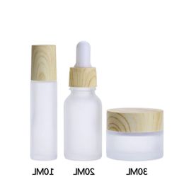 Frosted Glass Cosmetic Containers with Wood Grain Cap,30ml Round Jar,20ml Eye Dropper Bottles,10ml Roller Bottles for Essential Oil Per Poth