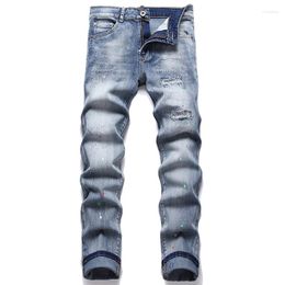 Men's Jeans Ripped Stretch Skinny Spring Autumn Punk White Paint Mid-Waist Pants Blue Casual Slim-Fit Denim Trousers