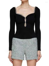 Women's Sweaters Square Collar Women Slim Knit Sweater Rhinestone Trim Long Sleeve Backless Elegant Female White Or Black Pullover 2023