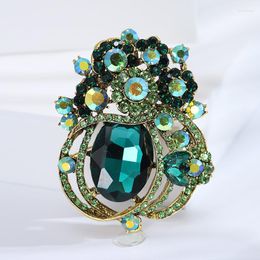 Brooches Female Fashion Vintage Green Crystal Flower For Women Luxury Yellow Gold Color Alloy Plant Brooch Safety Pins