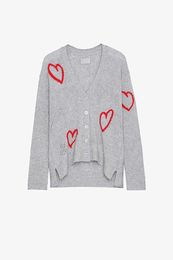 Zadig voltaire 23 knitted sweaters ZV ladies' knitwear cardigan red heart jacquard hem with a split V-neck knit sweater for women