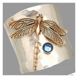 With Side Stones Vintage Big Dragonfly Womens Rings Fashion Lake Blue Crystal Promise Wedding Ring Female Engagement Jewelry Finger Dh0Jf