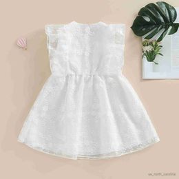 Girl's Dresses Kids Girls Flying Sleeve Dress Summer Casual Floral Embroidery Buttons A-Line Dress for Beach Party Wear R230816