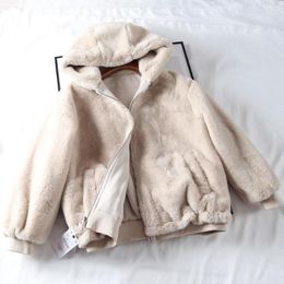 Women's Fur Lamb Wool Coats Hoodie Luxury Women Streetwear Faux Jacket Female Winter Thick Warm Plush Reversible Garment