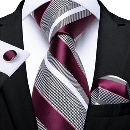 Fashion Striped Tie For Men Red Wine White Silk Wedding Tie Hanky Cufflink Gift Tie Set Novelty Design Business MJ-7337169h