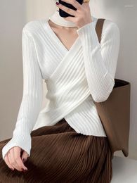 Women's Sweaters QOERLIN Halter Knitted Tops Criss-Cross Fashion V Neck Long Sleeve Slim Sweater Basic High Stretch White Pullovers Poncho