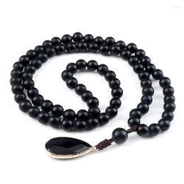 Pendant Necklaces Natural Stone Necklace For Men 8mm Black Matte Beads Classic Mala Rosary Knotted Long Charm Women Yoga Jewellery