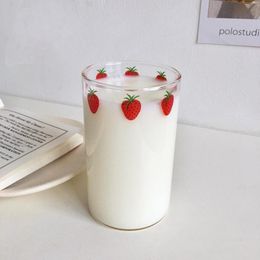 Wine Glasses Cute Strawberries Glass Cup With Straw 300ml 10oz Thick Tumbler Strawberry Prints Heat Resistant Gift For BBF 1 PC