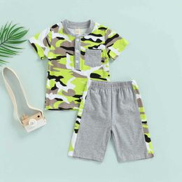Clothing Sets Toddler Kids Baby Boys Clothing Summer Casual Suit Short Sleeve Button Camouflage Printed Pocket Tops Patchwork Short Pants