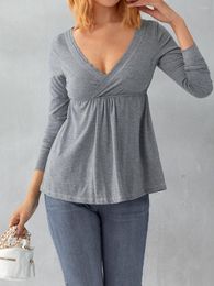 Women's T Shirts Women Spring Autumn Solid Colour Basic T-Shirt Deep V Neck Low-Cut Long Sleeve Relax-Fit Casual Street Tops