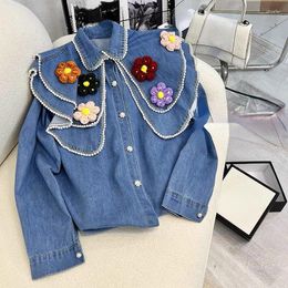 Women's Blouses Bugilaku Flower Appliques Sweet Blouse Women Beading Patchwork Korean Chic Denim Shirts Female Autumn Casual Vetement Femme