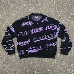 Men's Sweaters Crewneck black sweater men's full print lettering y2k loose lettering embroidered couple purple top knit sweater vintage sweater 230815