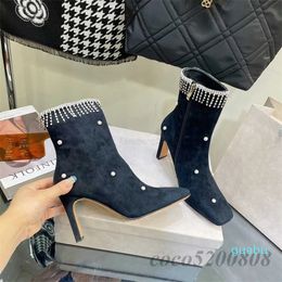 Women Ankle Boots Genuine Leather Crystal Fringe Super High Heels Boots Pearl Natural Kid Suede Designer Shoes Short Boots