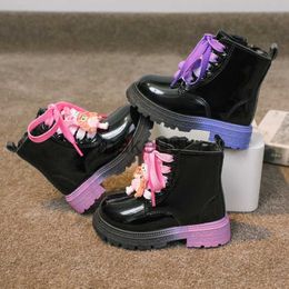 Boots Girl's Boots Autumn Pink Purple Patent Leather Lovely Children Short Boot 2233 Toddler Round Toe Chunky Fashion Kids Shoes J230816
