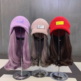 Beanie/Skull Caps Beanies Hat With Hair Wigs For Women Long Hair Synthetic Wig Warm Soft Ski Knitted Autumn Winter Cap 230815