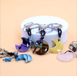 Charms 1PC Natural Stone Keychain Healing Moon Howlite Crystal Pendant Sliver Color Key Ring Car Bag Decor F1695