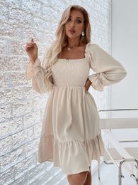 Basic Casual Dresses Womens Long Sleeve Tunic Dress Casual V Neck Loose Layer Ruffle Tiered Dress ALine Solid Color Dresses Lantern Sleeves Skirt 230815