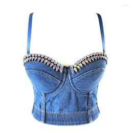 Women's Tanks Denim Suspenders Wear Beads Slim Tube Top AB Colourful Water Diamond Spice Girl Tops Female Sexy Club Blouse Clothes 2023 Jeans