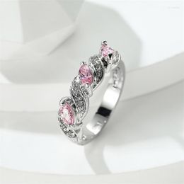 Wedding Rings Female Marquise Cut Pink Stone Wave For Women White Zircon Bands Silver Color Vintage Engagement Ring Jewelry Gift