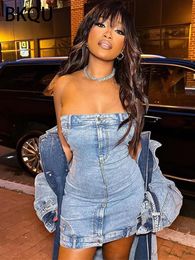 Basic Casual Dresses BKQU Sexy Strapless Denim Dress Women Summer Chic Off Shoulder Backless Corset Mini Dresses Y2K Street Jeans Tube Vestidos 230815