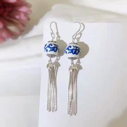 Dangle Earrings 925 Sterling Silver National Style Blue And White Porcelain Fringe Vintage Statement Tassel Ethnic