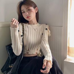 Women's Sweaters Lady Sexy Off Shoulder Buttons Knitted Women Black Beige Short Length Sweater 2023 Lace-up Waist Crop Pullover Sweter