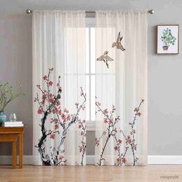 Curtain Flower Silhouette Secluded Tulle Curtains for Living Room Bedroom Sheer Drapes Modern Printed Design Sheer Curtains R230816