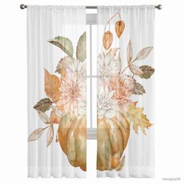 Curtain Thanksgiving Pumpkin Flower Leaves Sheer Curtains for Living Room Printed Tulle Window Curtain Luxury Home Balcony Decor Drapes