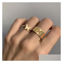 Band Rings Fashion Butterfly Wide Ring Friendship Jewelry Gift Men Womens Sier Gold Color Personality Adjustable Couple Drop Delivery Dhsfz