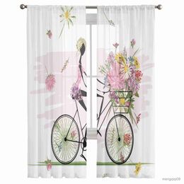 Curtain Bicycle Girl Flowers Tulle Curtains for Living Room Bedroom Sheer Drapes Modern Printed Design Sheer Curtains